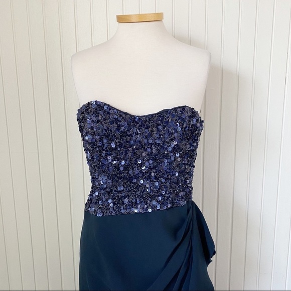 Badgley Mischka Navy Blue Strapless Sequins Ruffle Long Gown Dress Size 10 - Picture 2 of 14